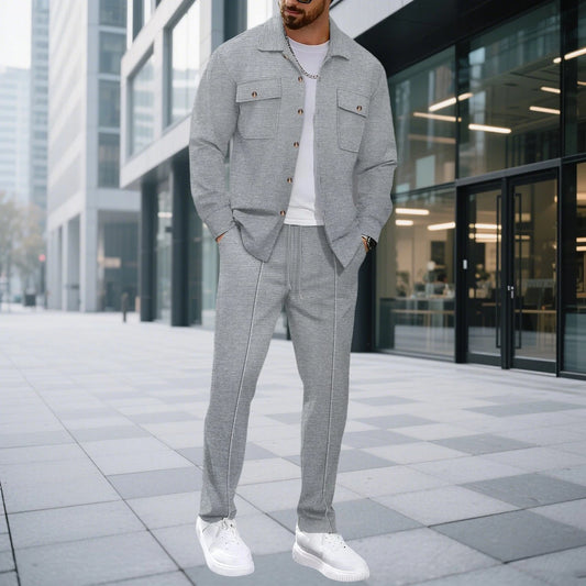 Men'S Waffle Check Workwear Fashionable Lapel Button Jacket and Long Pants Comfortable Breathable Casual Business Outfi 1/2Piece