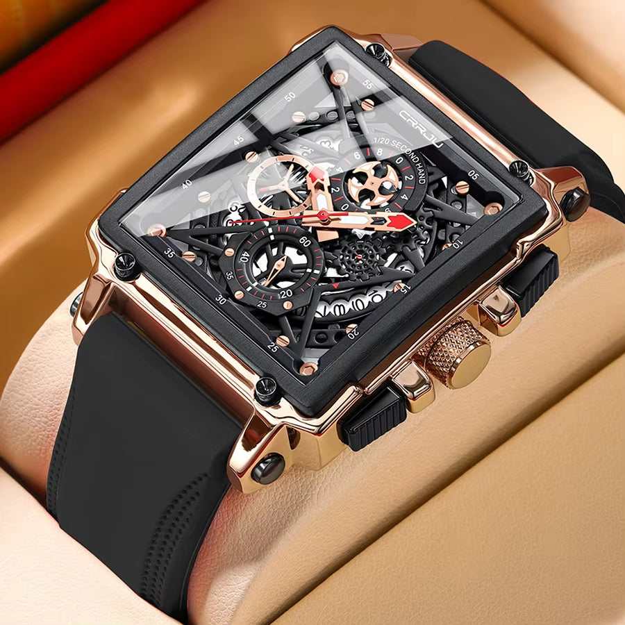 Men'S Sports Chronograph Wrist Watch for Men Army Silicone Strap Square Quartz Stop Watch Clock Man Relogios Masculino