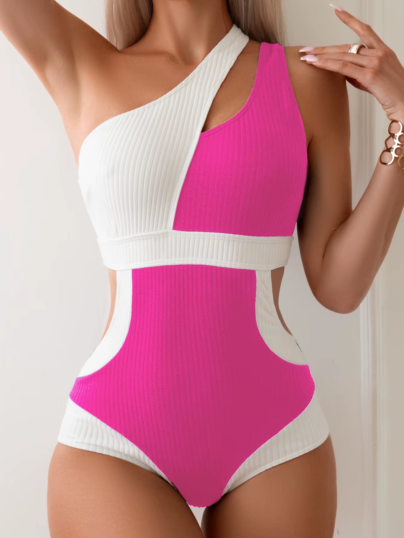 Korean Version of Sexy Shoulder One-Piece Swimsuit Women'S New Bear Gathering Belly Swimsuit Hot Spring Women'S Conservative