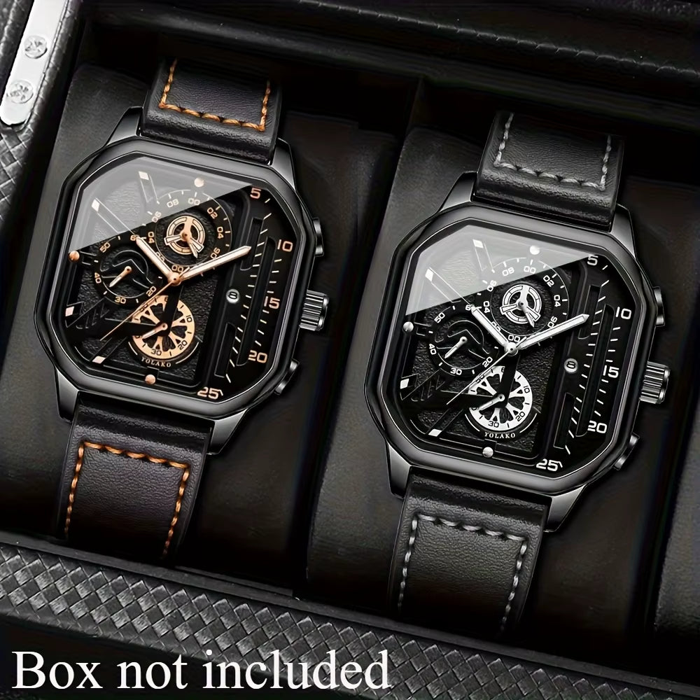 2-Piece Luxury Men'S Leather Strap Quartz Watch Set with Calendar - Perfect Gift for School, Graduation, Men Gift