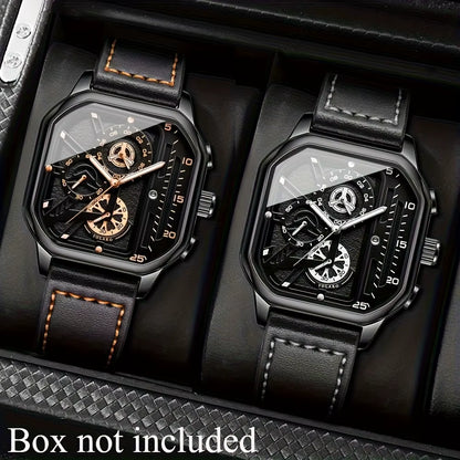 2-Piece Luxury Men'S Leather Strap Quartz Watch Set with Calendar - Perfect Gift for School, Graduation, Men Gift