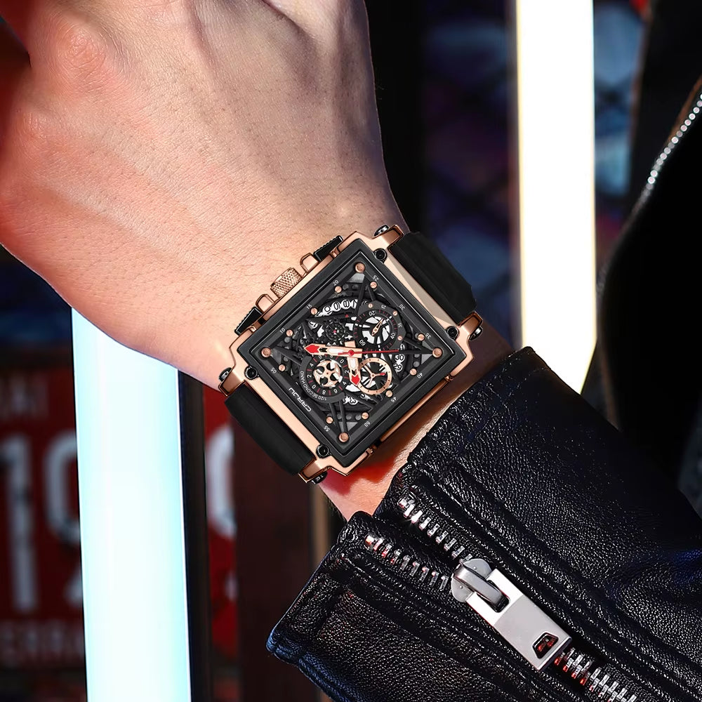 Men'S Sports Chronograph Wrist Watch for Men Army Silicone Strap Square Quartz Stop Watch Clock Man Relogios Masculino