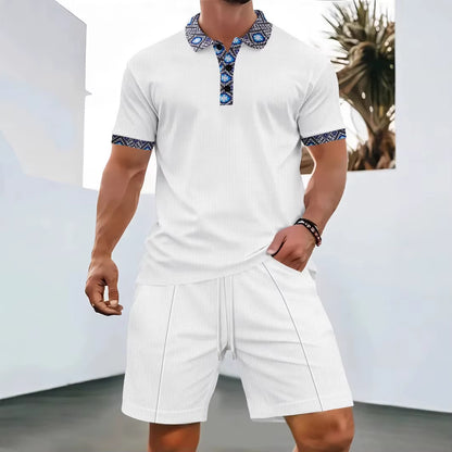2025 Men Europe and the United States New Summer Waffle Solid Color Zip-Up Lapel Short-Sleeve Suit Shorts Two Sets