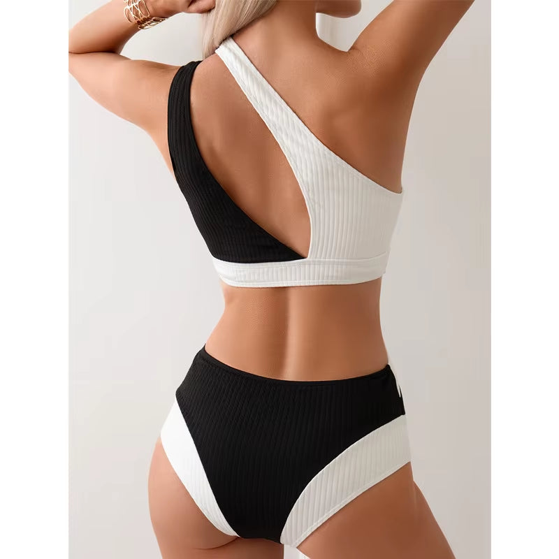 Korean Version of Sexy Shoulder One-Piece Swimsuit Women'S New Bear Gathering Belly Swimsuit Hot Spring Women'S Conservative