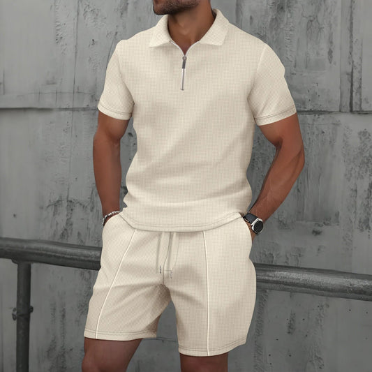 2025 Men Europe and the United States New Summer Waffle Solid Color Zip-Up Lapel Short-Sleeve Suit Shorts Two Sets