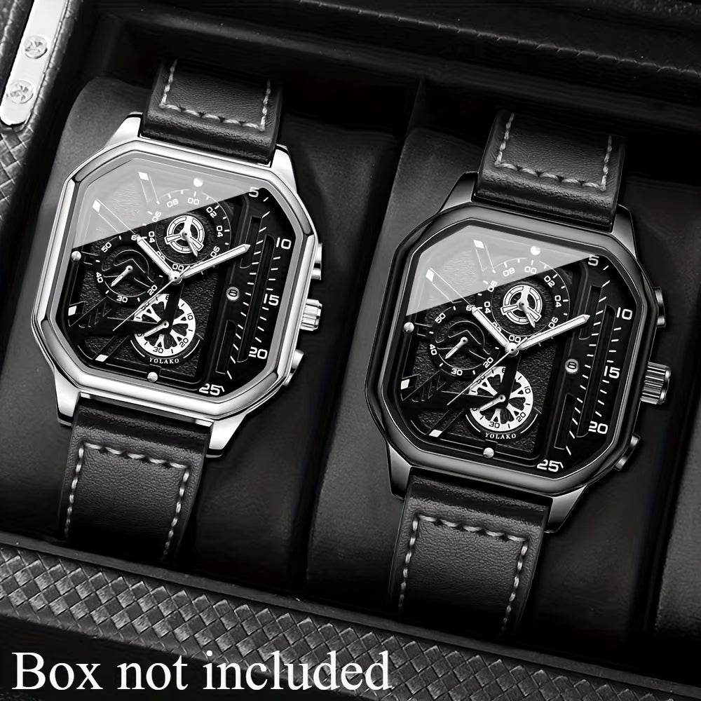 2-Piece Luxury Men'S Leather Strap Quartz Watch Set with Calendar - Perfect Gift for School, Graduation, Men Gift
