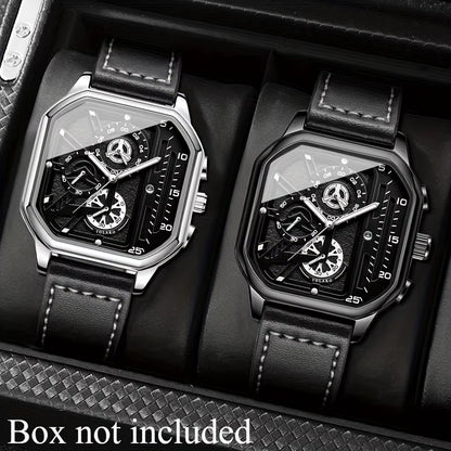 2-Piece Luxury Men'S Leather Strap Quartz Watch Set with Calendar - Perfect Gift for School, Graduation, Men Gift