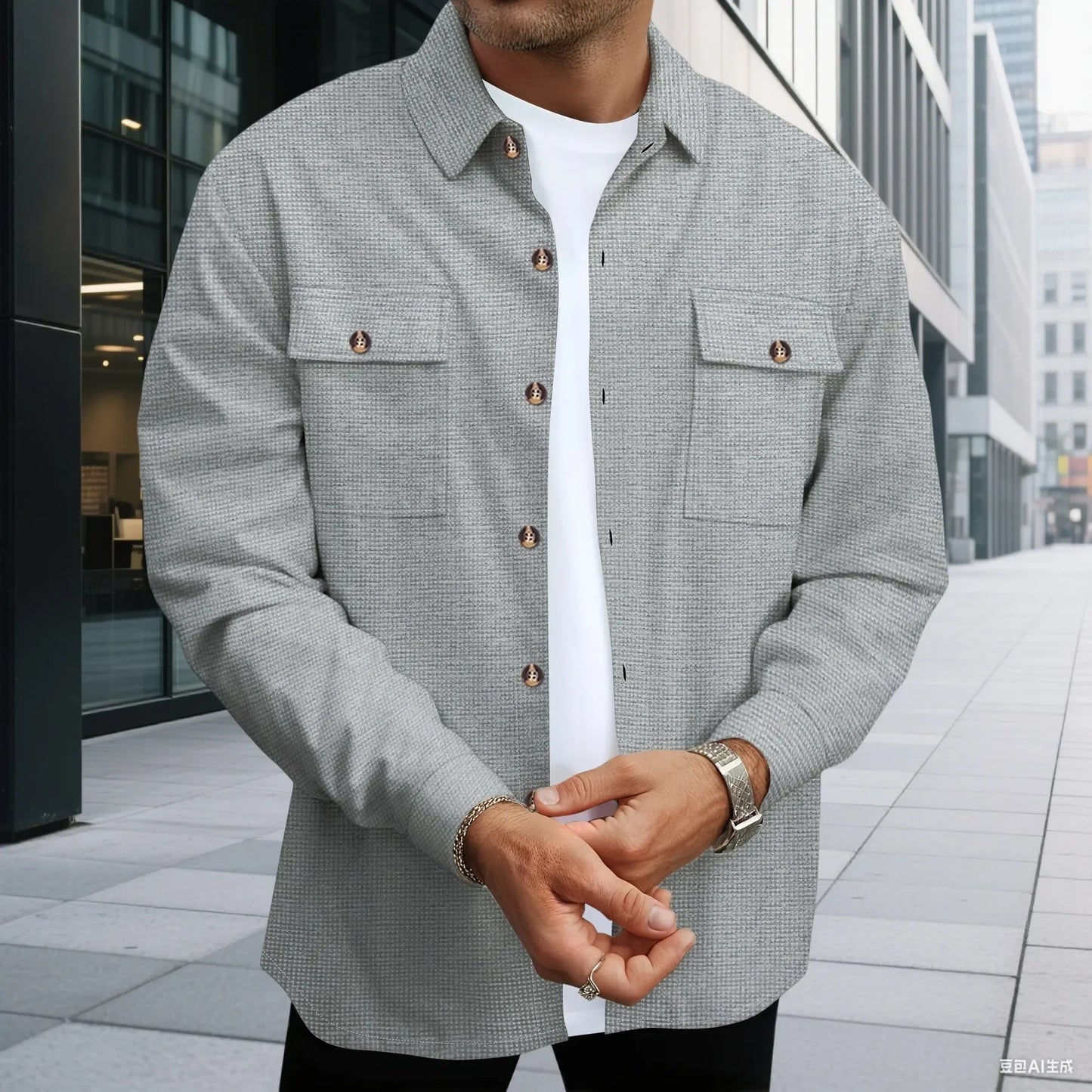 Men'S Waffle Check Workwear Fashionable Lapel Button Jacket and Long Pants Comfortable Breathable Casual Business Outfi 1/2Piece