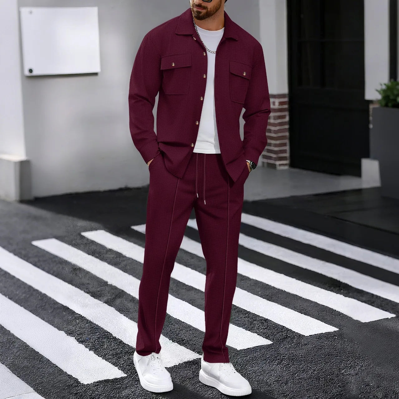 Men'S Waffle Check Workwear Fashionable Lapel Button Jacket and Long Pants Comfortable Breathable Casual Business Outfi 1/2Piece