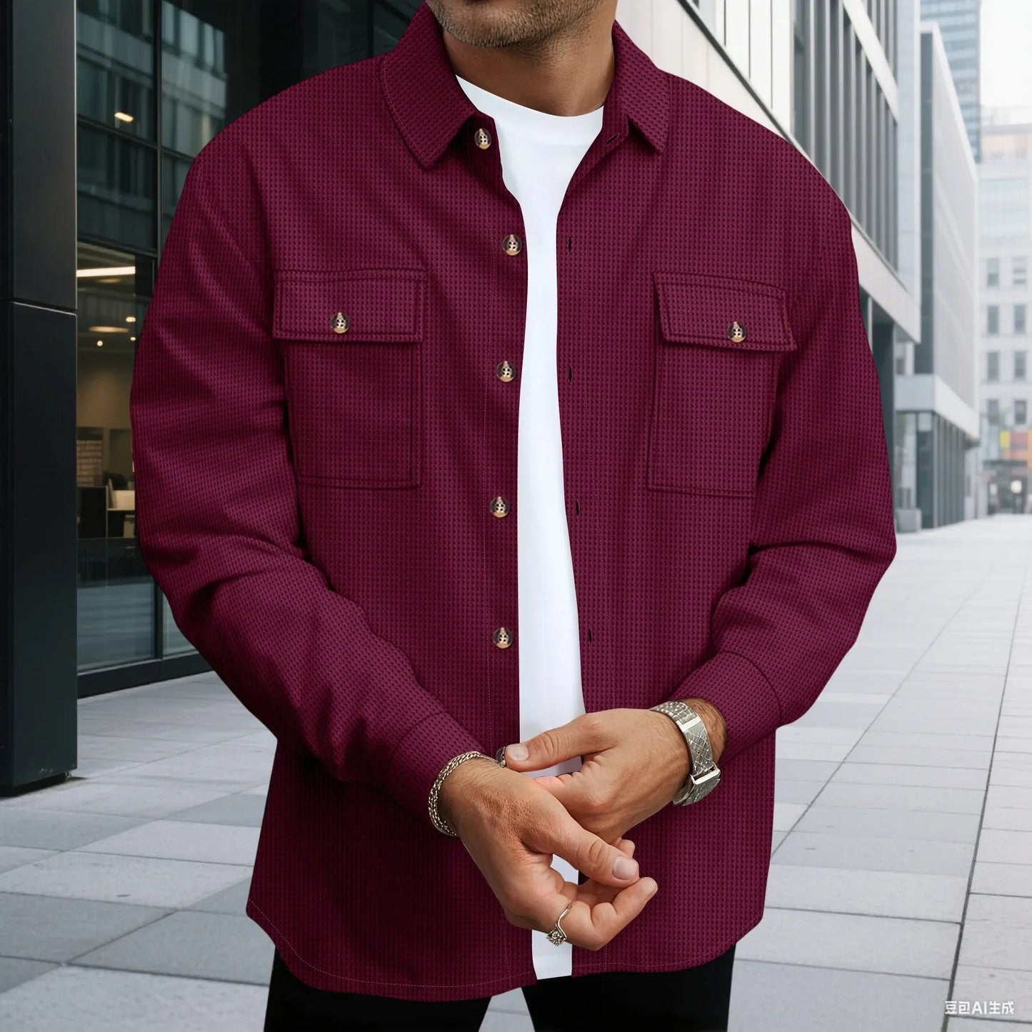 Men'S Waffle Check Workwear Fashionable Lapel Button Jacket and Long Pants Comfortable Breathable Casual Business Outfi 1/2Piece