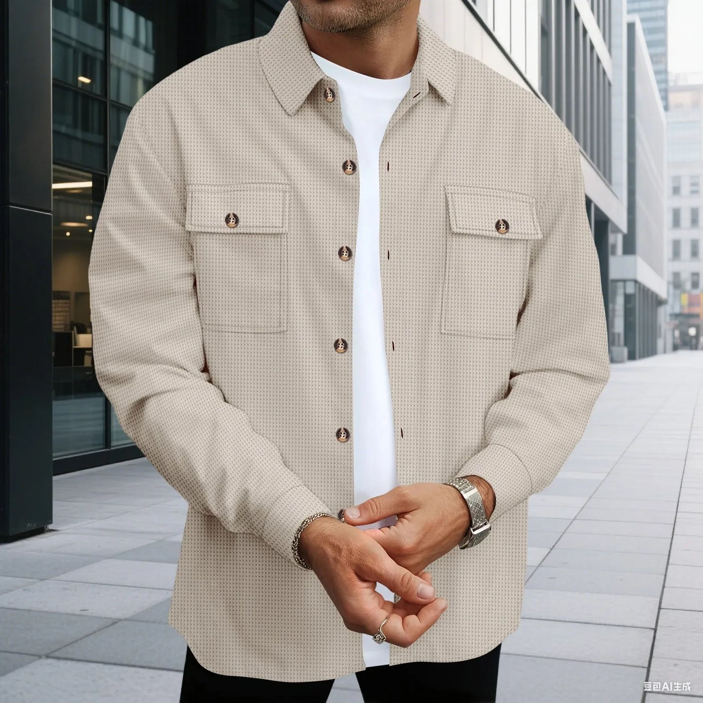 Men'S Waffle Check Workwear Fashionable Lapel Button Jacket and Long Pants Comfortable Breathable Casual Business Outfi 1/2Piece