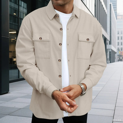 Men'S Waffle Check Workwear Fashionable Lapel Button Jacket and Long Pants Comfortable Breathable Casual Business Outfi 1/2Piece