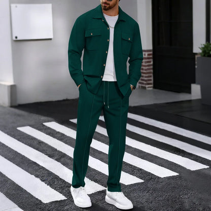 Men'S Waffle Check Workwear Fashionable Lapel Button Jacket and Long Pants Comfortable Breathable Casual Business Outfi 1/2Piece