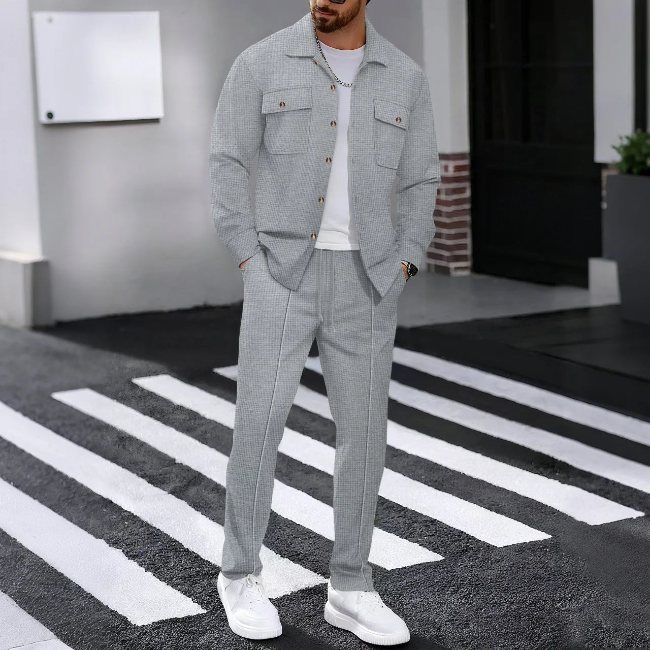 Men'S Waffle Check Workwear Fashionable Lapel Button Jacket and Long Pants Comfortable Breathable Casual Business Outfi 1/2Piece