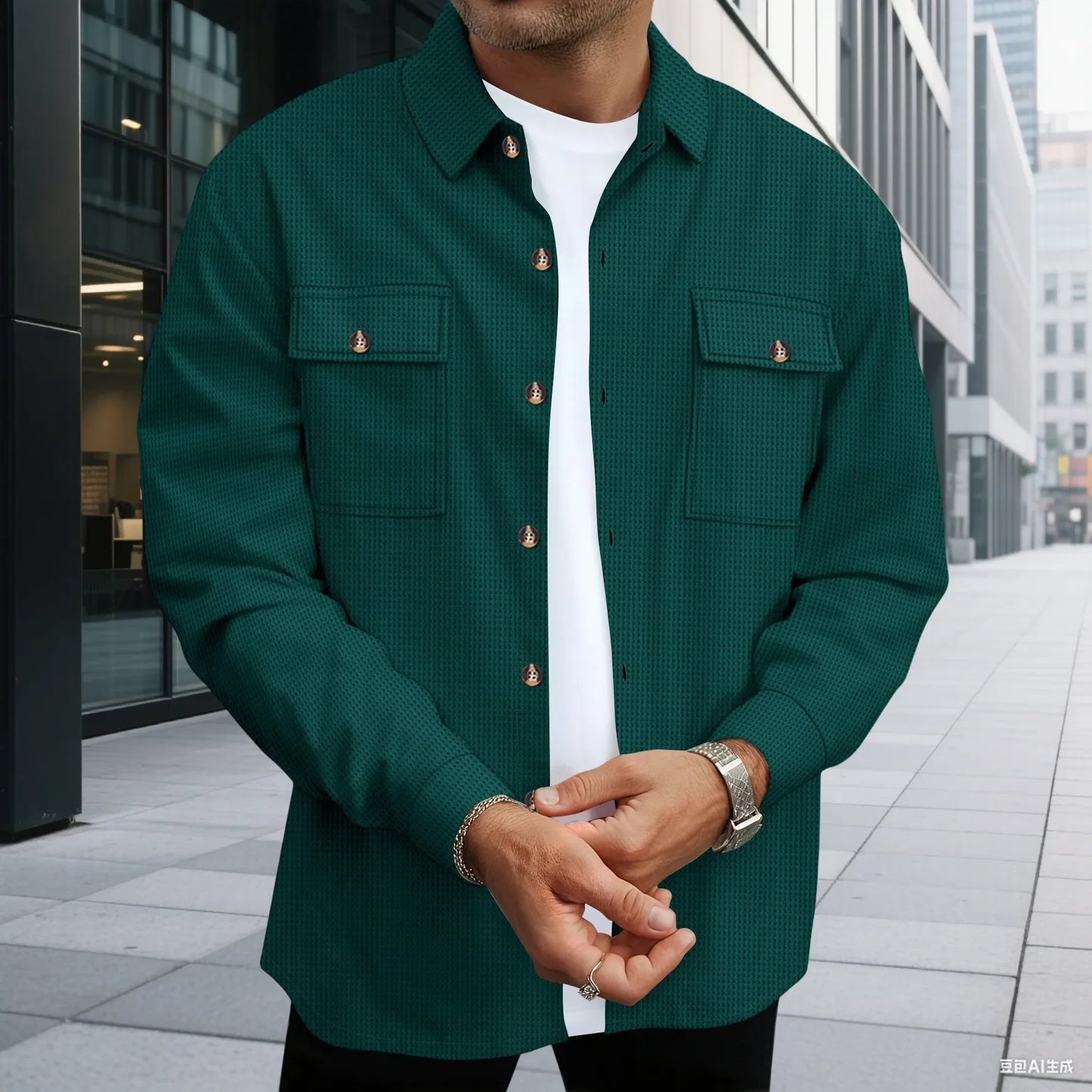 Men'S Waffle Check Workwear Fashionable Lapel Button Jacket and Long Pants Comfortable Breathable Casual Business Outfi 1/2Piece