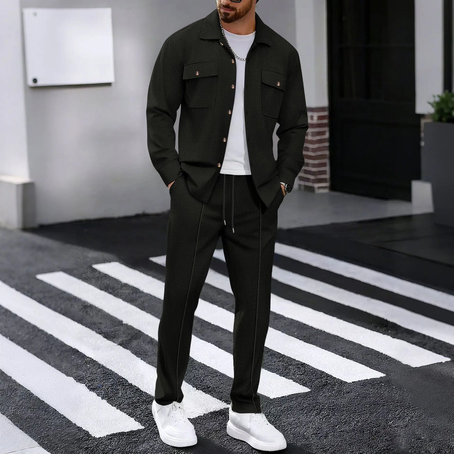 Men'S Waffle Check Workwear Fashionable Lapel Button Jacket and Long Pants Comfortable Breathable Casual Business Outfi 1/2Piece