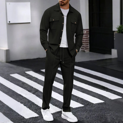 Men'S Waffle Check Workwear Fashionable Lapel Button Jacket and Long Pants Comfortable Breathable Casual Business Outfi 1/2Piece