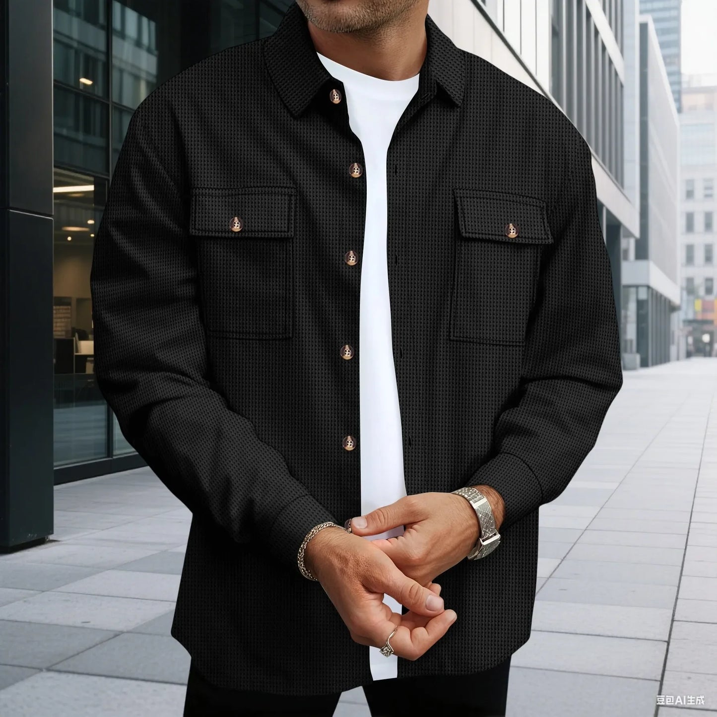 Men'S Waffle Check Workwear Fashionable Lapel Button Jacket and Long Pants Comfortable Breathable Casual Business Outfi 1/2Piece