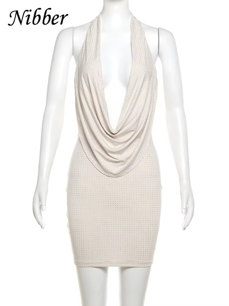 Diamond Pasted Solid Color Mini Dress Women Fashion Deep V-Neck Strapless Dresses Female Trend Streetwear Clothing