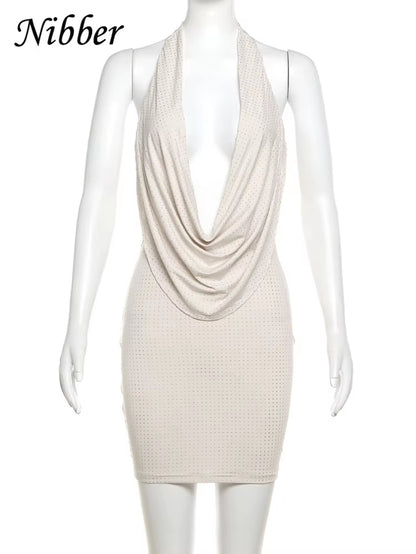 Diamond Pasted Solid Color Mini Dress Women Fashion Deep V-Neck Strapless Dresses Female Trend Streetwear Clothing