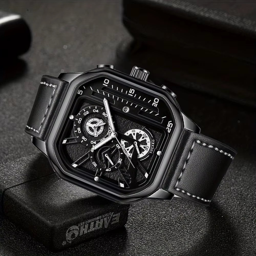 2-Piece Luxury Men'S Leather Strap Quartz Watch Set with Calendar - Perfect Gift for School, Graduation, Men Gift