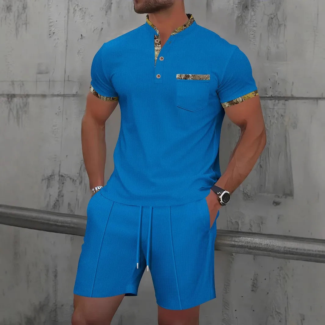 2025 Men Europe and the United States New Summer Waffle Solid Color Zip-Up Lapel Short-Sleeve Suit Shorts Two Sets