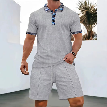 2025 Men Europe and the United States New Summer Waffle Solid Color Zip-Up Lapel Short-Sleeve Suit Shorts Two Sets