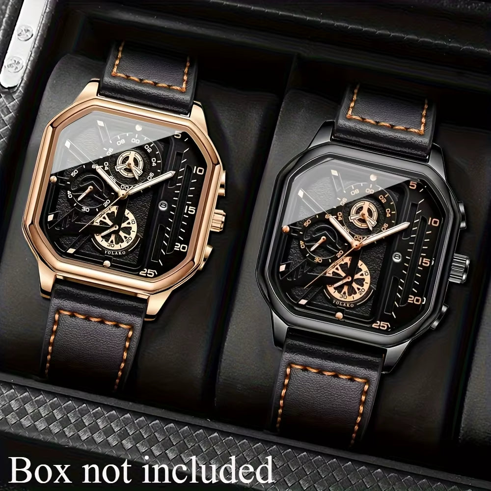 2-Piece Luxury Men'S Leather Strap Quartz Watch Set with Calendar - Perfect Gift for School, Graduation, Men Gift
