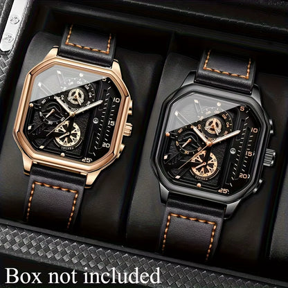 2-Piece Luxury Men'S Leather Strap Quartz Watch Set with Calendar - Perfect Gift for School, Graduation, Men Gift