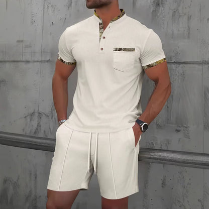 2025 Men Europe and the United States New Summer Waffle Solid Color Zip-Up Lapel Short-Sleeve Suit Shorts Two Sets