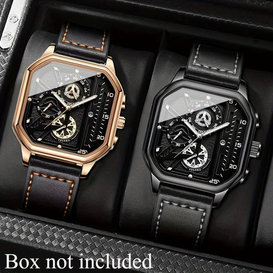 2-Piece Luxury Men'S Leather Strap Quartz Watch Set with Calendar - Perfect Gift for School, Graduation, Men Gift