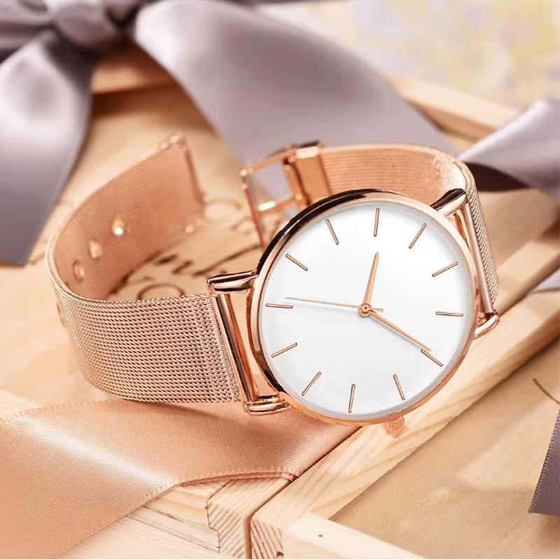 Top Brand Women'S Watches Luxury Metal Mesh Simple Quartz Watches Fashion Elegant Rose Gold Ladies Wristwatch Clock Reloj Mujer
