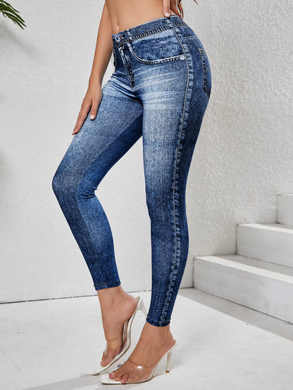 Women'S Imitation Denim Leggings with Pockets High Stretchy Comfortable Tummy Control Fitness Gym Yoga Pants Daily Wear