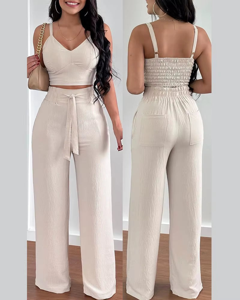 2 Piece Outfits for Women 2025 Sexy V-Neck Strap Shirred Slim Crop Top & Lace-Up Wide Leg Pants Sets Elegant Office Lady Suit
